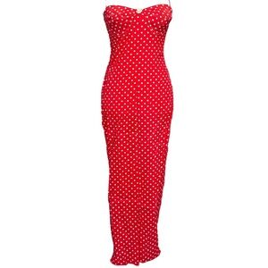 Vintage 1990s Red White‎ Polka Dot Bustier Midi Dress Pinup Bodycon Dress